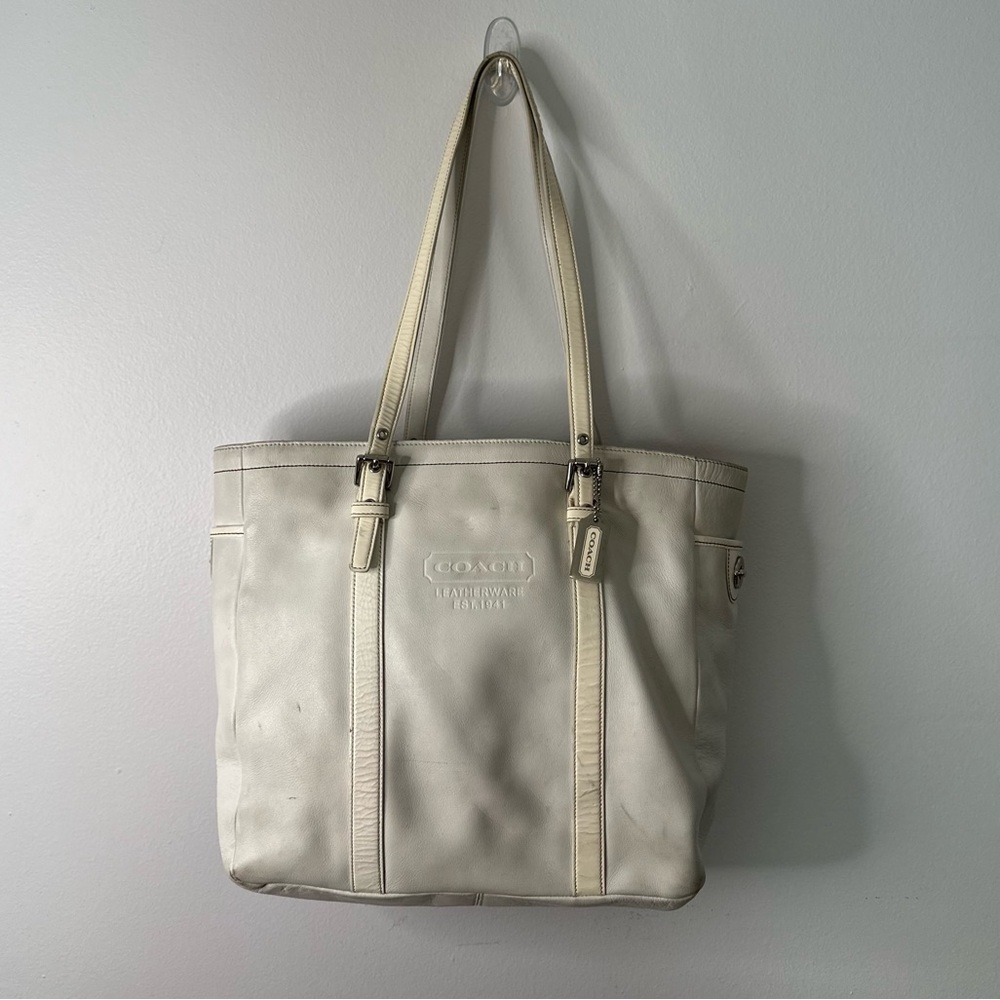 Coach Gallery Tote in White Leather with Patent Leather Straps & Pink Interior